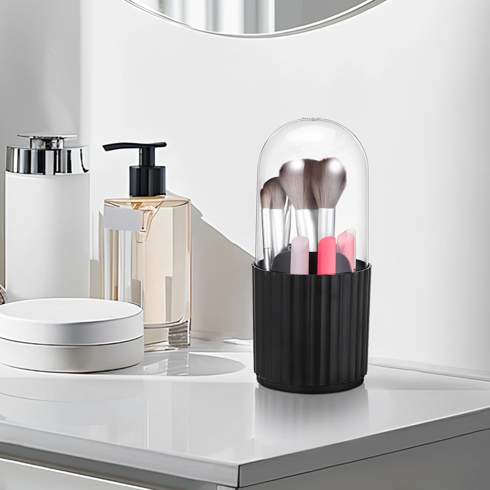 

Elegant Rotating Makeup Brush Organizer with Lid Clear Cover Vanity Accessories Desk Pen Holder Multi-Functional Storage Divider