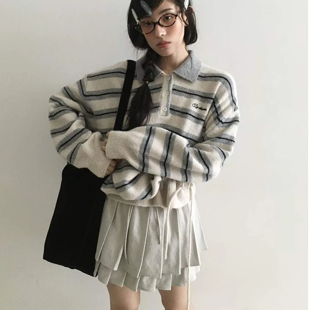 

Женский вязаный свитер с воротником-стойкой, регулируемая длина, дизайн в полоску, Dongda Gate, ретро Faion Top Long Sve