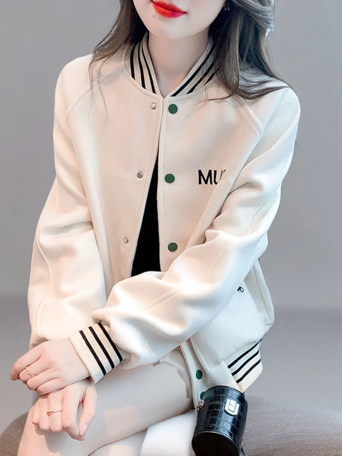 

Women's Baseball Jaet Spring Autumn Loose Casual Splice Versatile Slimming Top Button Plaet Long Sve Fitted Coat