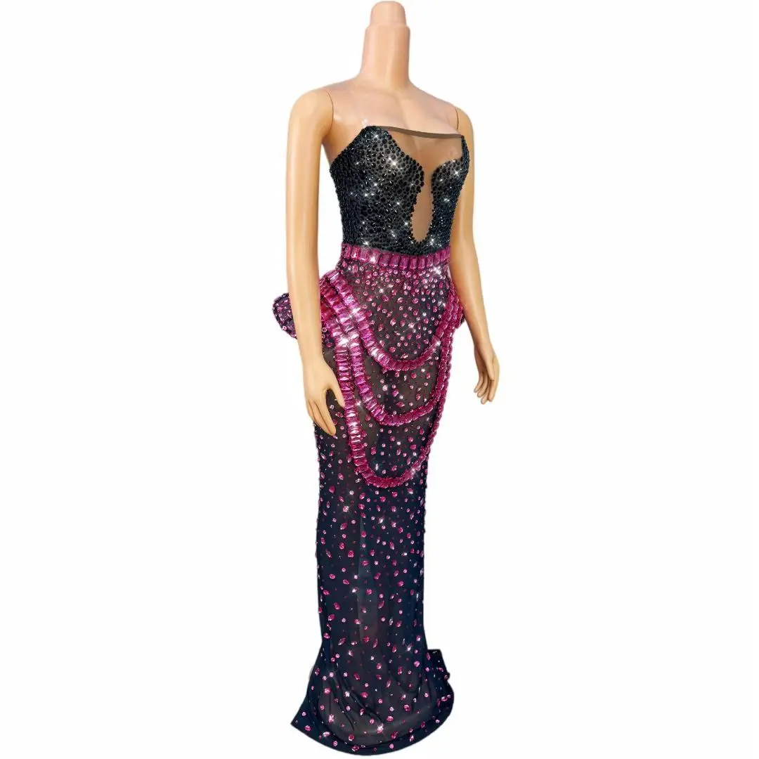 Xiaolanguan Womens Luxury Black And Pink Rhinestone Sheer Mesh Spaghetti Strap Peplum Bodycon Maxi Dress Evening Party Prom Gown
