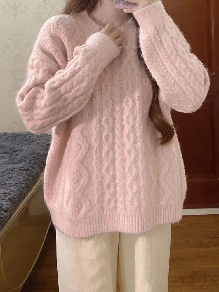 

Женский винтажный свитер с круглым вырезом, розовый свободный трикотажный пуловер с длинным рукавом, повседневный джемпер в японском стиле ретро, осень