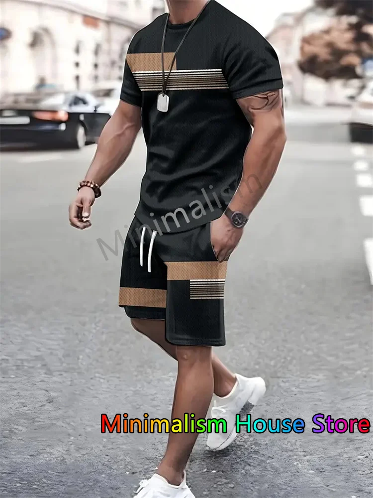 New Summer Men's Sportswear Stripe Sets Short-sleeved T-shirt Suit Oversized Shorts Training Two-piece Outfit Male Clothes