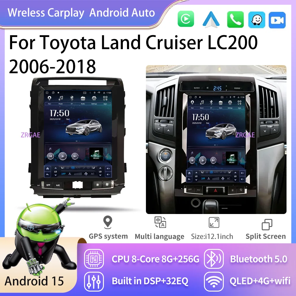 12.1” Android15 Car Radio For Toyota Land Cruiser LC200 2021-2022 GPS Navigation Car Multimedia Player Carplay Auto Bluetooth 4G