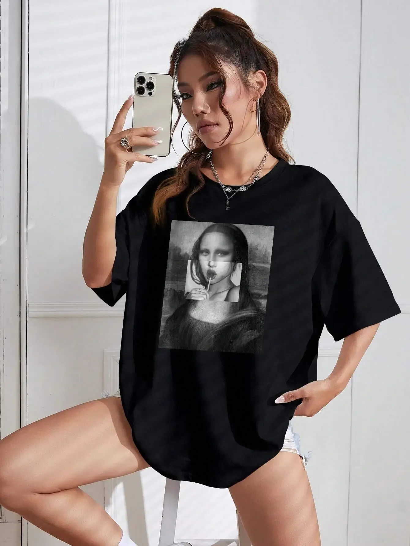 Mona Lisa Drinking Beverages Womens Tshirt Summer Casual Tops Hip Hop Fashion Harajuku Kawaii T-shirt Women's Y2K Clothing