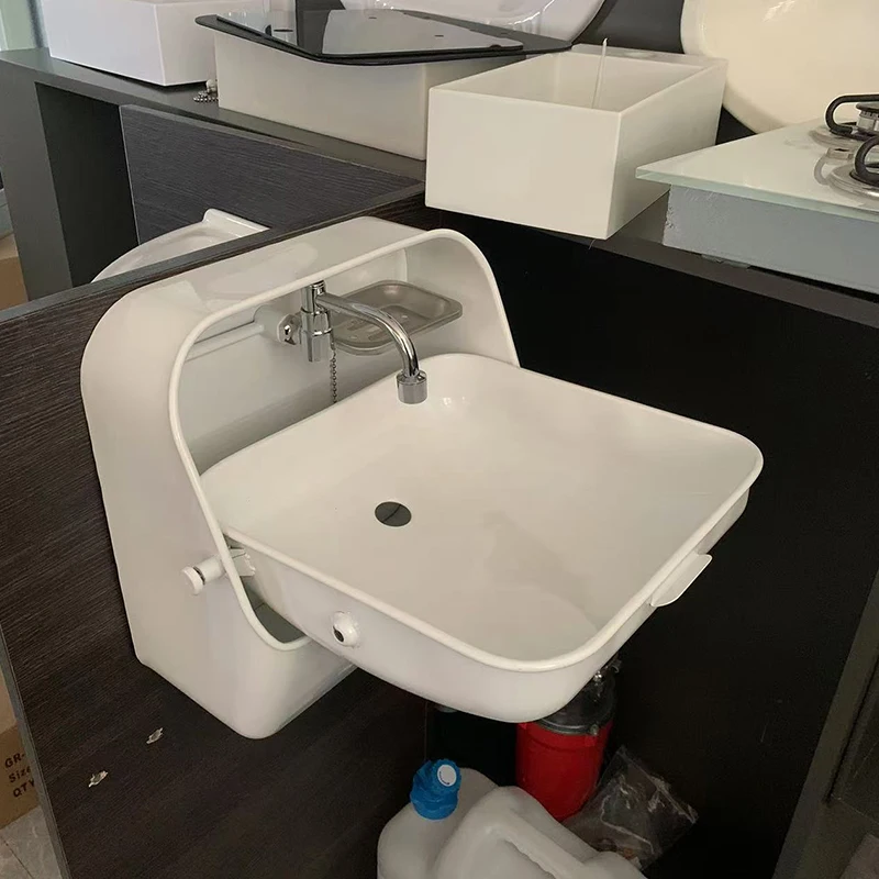 Stainless Steel 370*390*180/375 mm White Folding Sink with Cold Water Faucet for RV Caravan Boat Interior Accessories