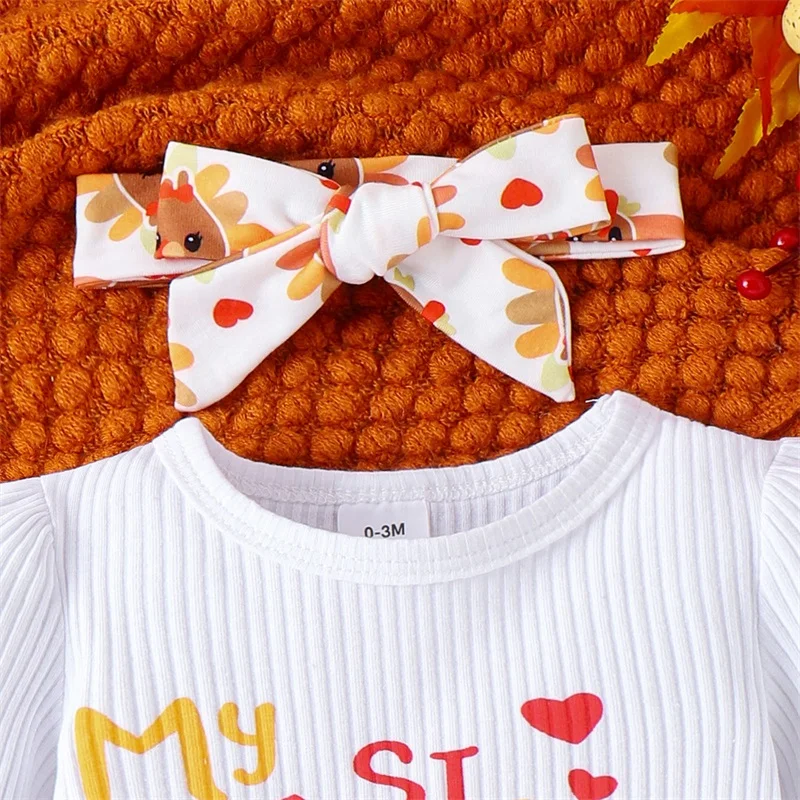 Thanksgiving Baby Girls Outfits Adorable Letter Print Ribbed Long Sleeve Romper with Turkey Print Flare Pants and Headband