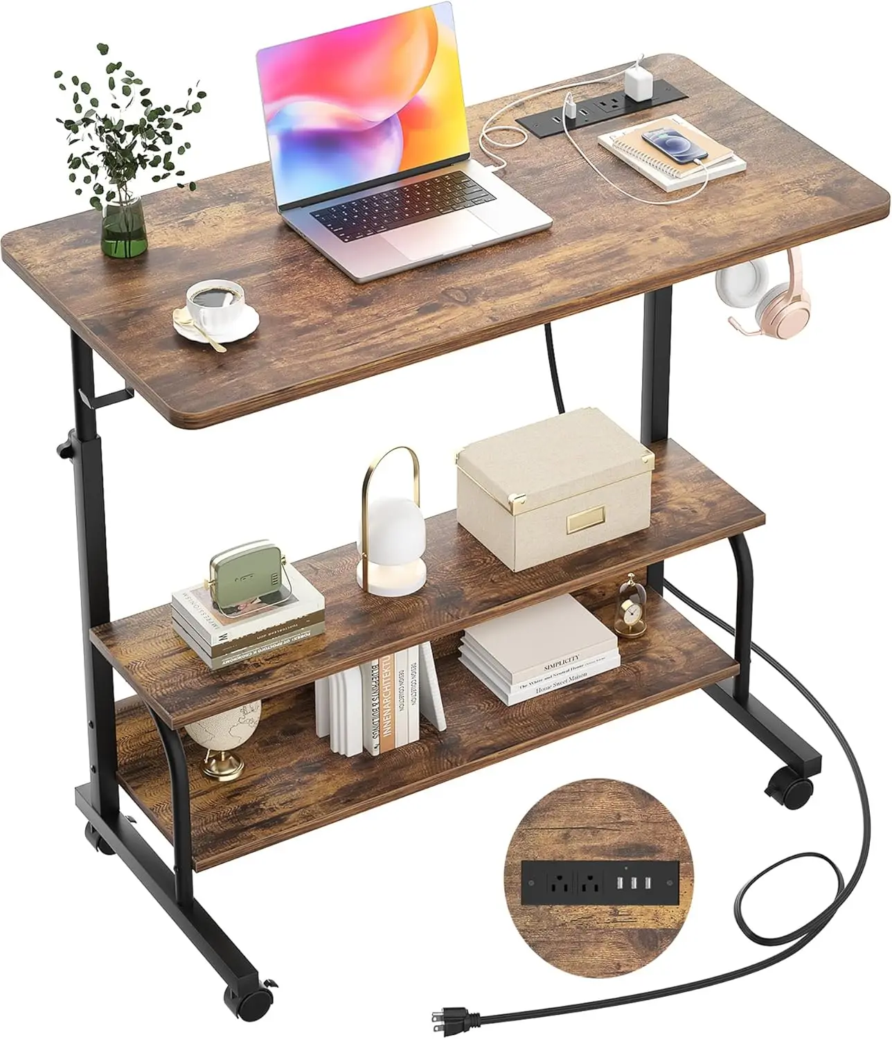 

32" Adjustable Rolling Desk with Power Outlets & Storage Shelves, Portable Mobile Computer Table for Home Office