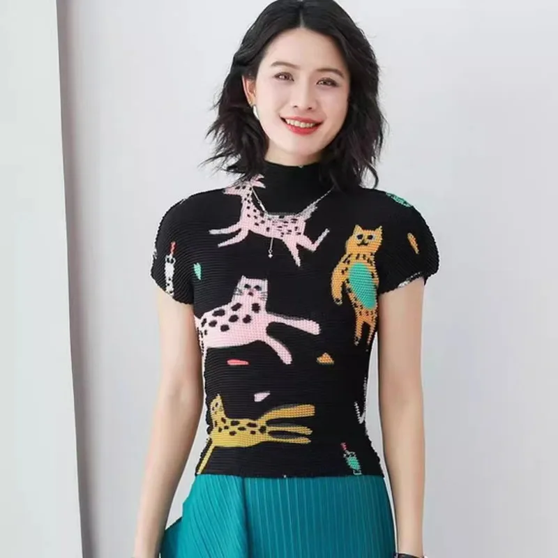 Pleated Corn Grain T-Shirt Summer New Fashion Print High Neck Pullover Short Sleeve Stretch Lightweight Women's Tight Top