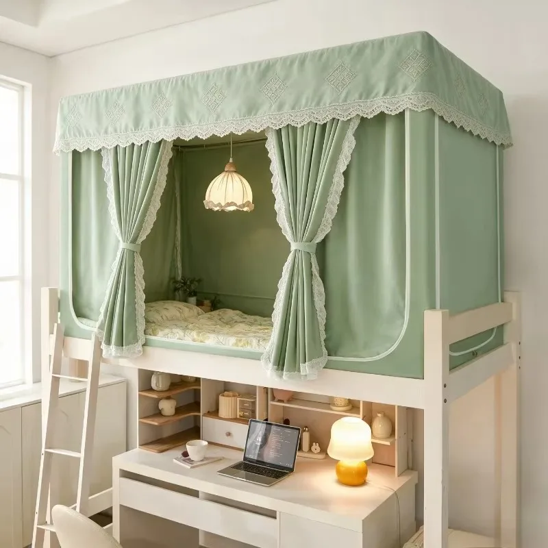 Canopy Bed Curtain for Bunk Beds – Lace Trim, Ruffled Valance, Cozy Dorm Decor, Fits Twin XL, Easy Hang & Remove