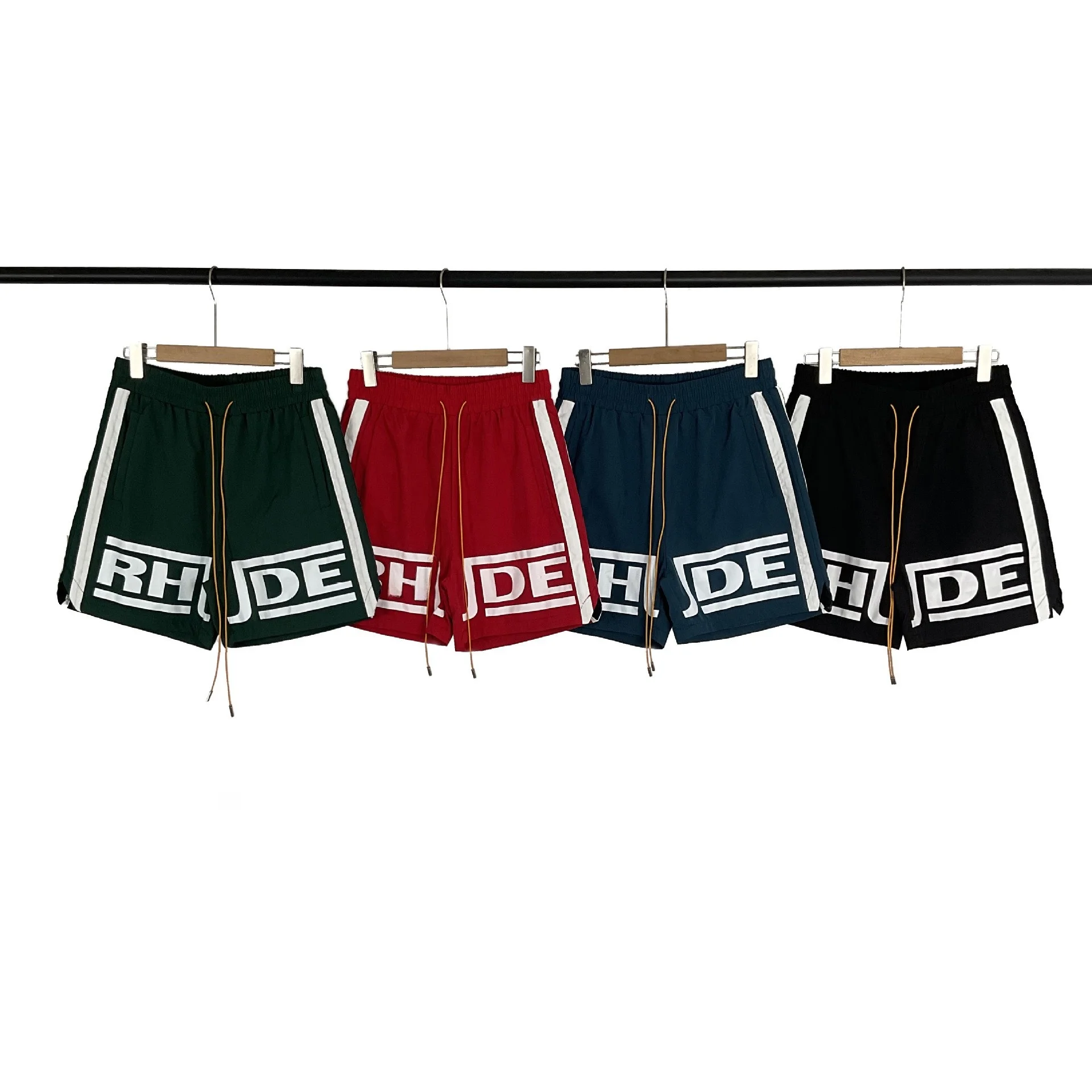 Trendy Brand Color Block Stripe Letter Casual Sports Shorts Men's American High Street Beach Pants mid Waist Short Length