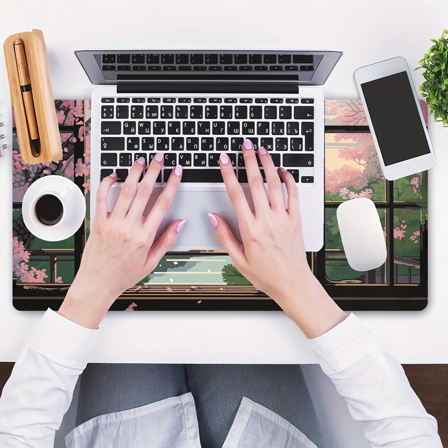 Podkładka pod mysz z motywem kwiatu wiśni i czarnego kota, duża mata na biurko z obszytymi krawędziami, gumowa antypoślizgowa podkładka pod klawiaturę, akcesoria do komputera, mata do gier.