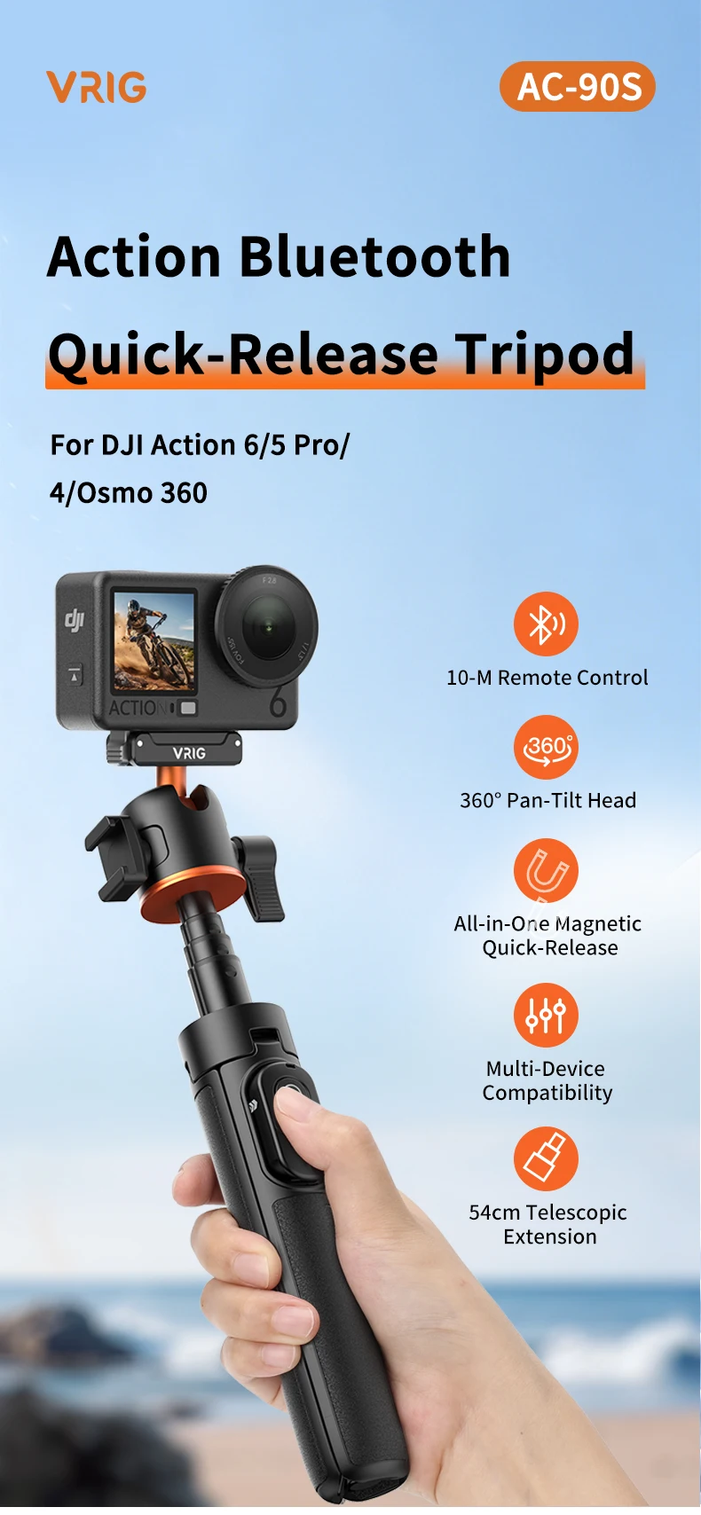 VRIG Magnetisches Stativ-Selfie-Stick-Stativ mit 360°-Kugelkopf und Cold Shoe für DJI Osmo Action 6 5 Pro 4 3 Action-Kamera-Zubehör – Detail 1