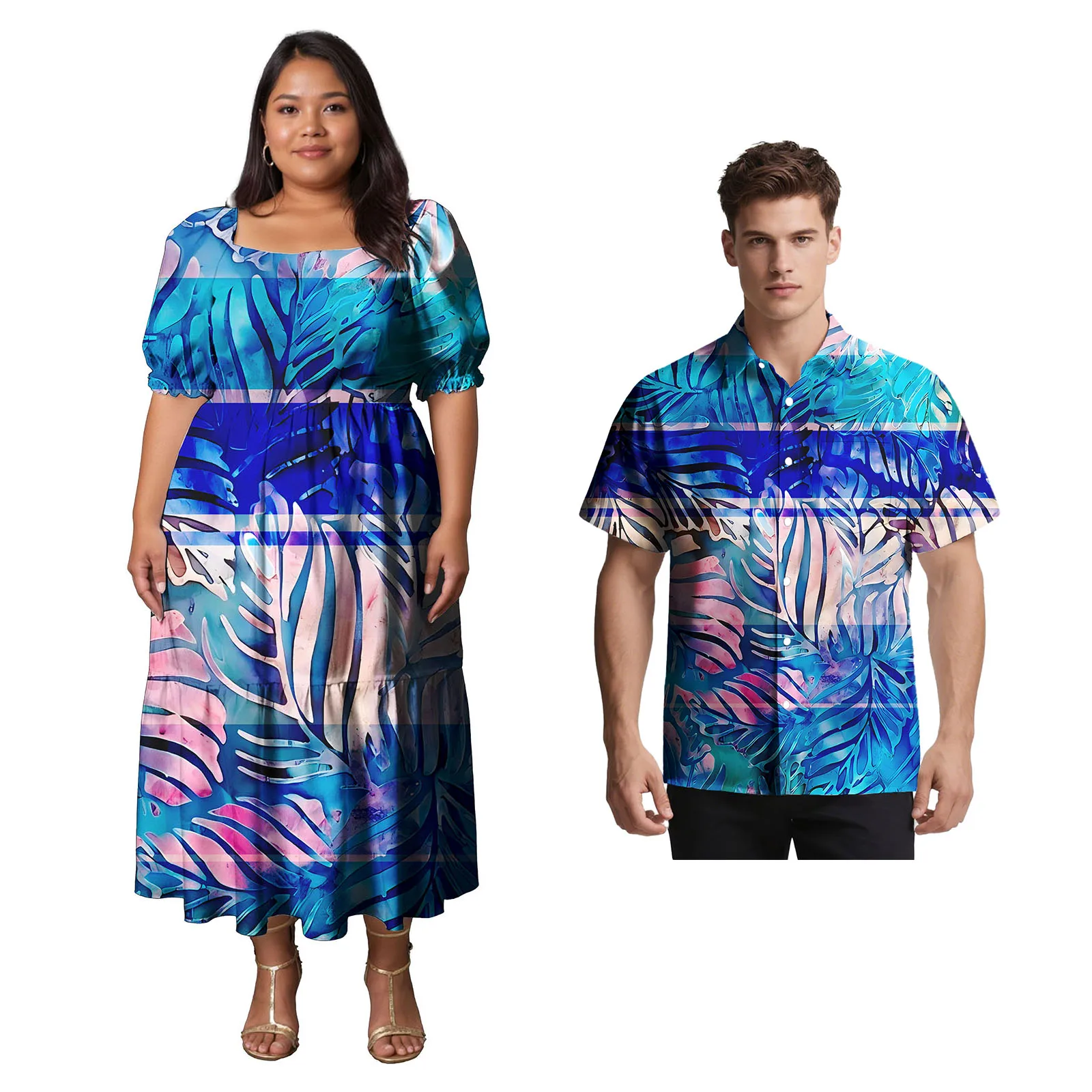 Süße Liebhaber Kleidung Benutzerdefinierte Polynesian Männer Umlegekragen Hemd Aloha Frauen Einfachheit Langes Kleid Samoan Passendes Paar Set