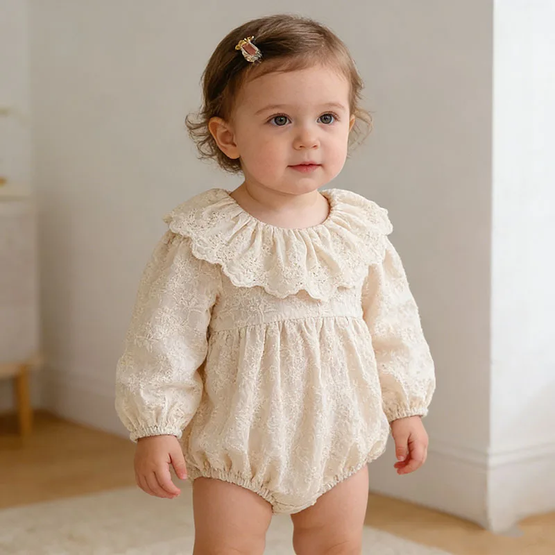 

Корейский стиль: Детский комбинезон-ромпер, осенняя новинка, однотонный, с кружевным воротником, для новорожденных, одежда на день рождения, комбинезоны