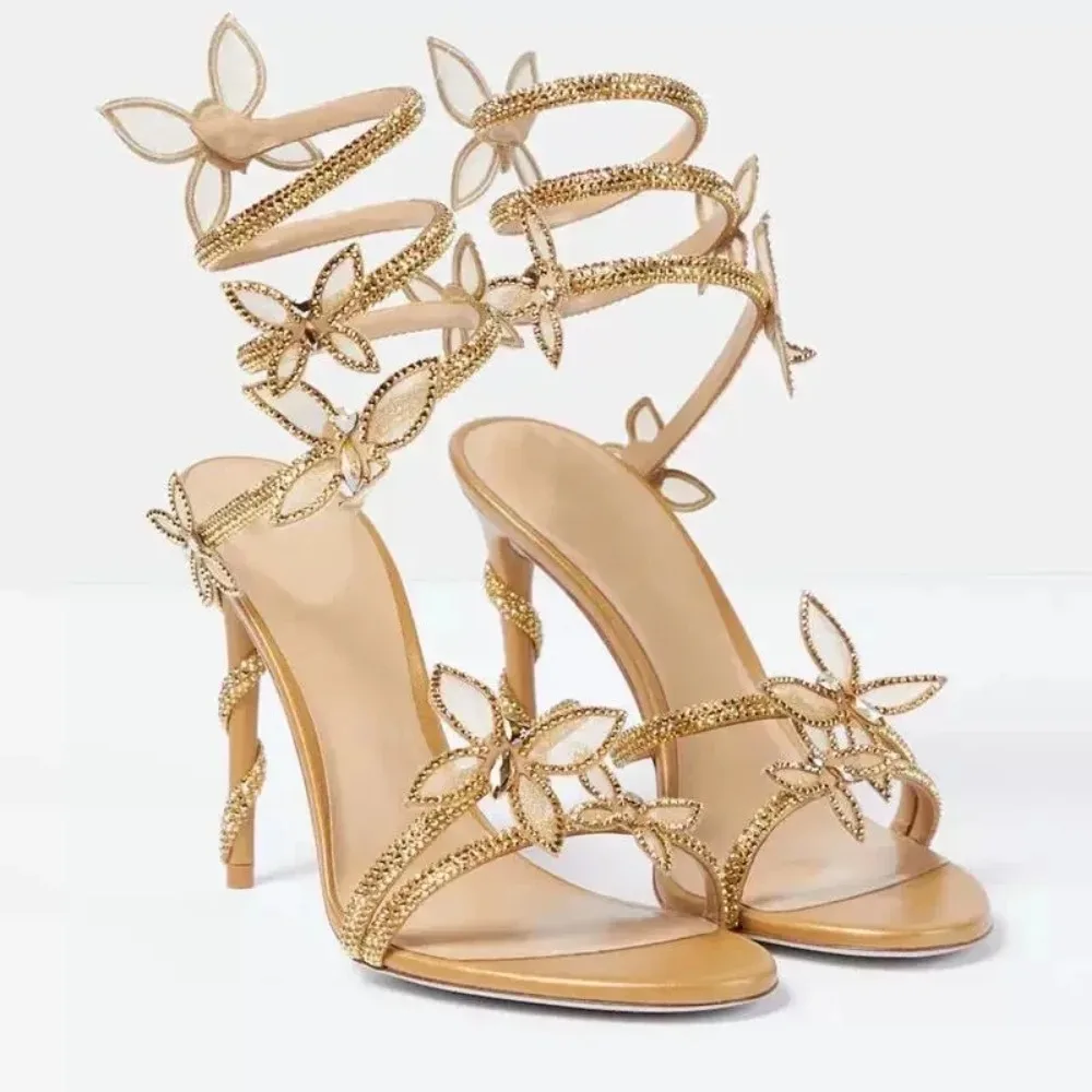 2026 Spring Premium Satin Rhinestone Butterfly Wrap Ankle Strap Sandals Open Toe Stiletto for Wedding, Party & Evening