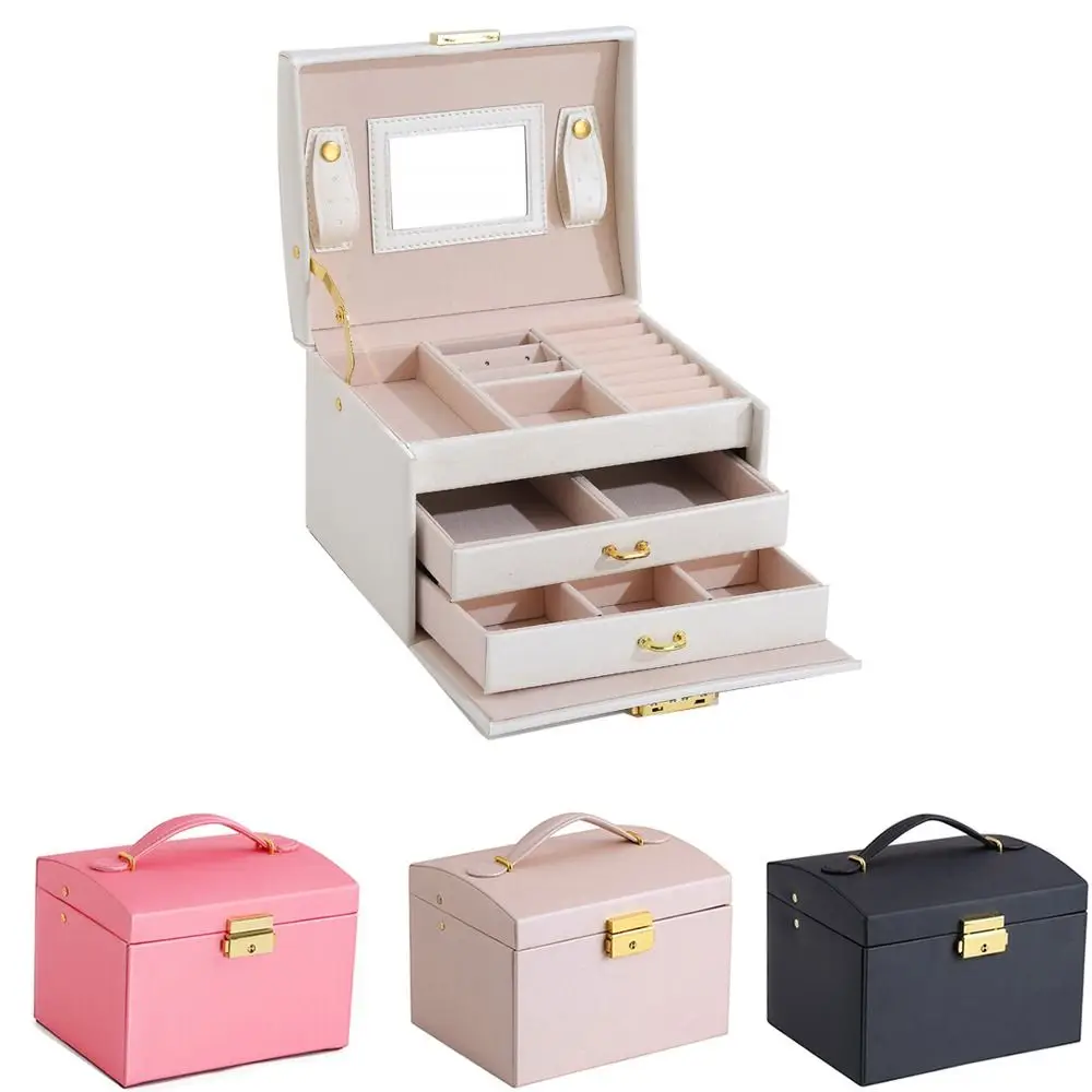 

Large Jewelry Box Portable Mirrored Lockable Travel Jewelry Organizer Case 3 Drawer Handle Earring Organizer Women