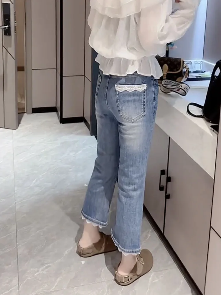 Jeans in denim blu dimagranti a vita alta Pantaloni estivi sottili micro svasati da donna Jeans casual in misto cotone