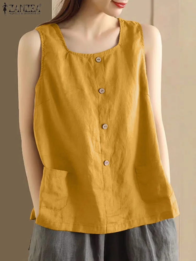 2024 ZANZEA Summer Sleeveless Blouse Women Vintage Tank Tops Elegant Square Collar Work Shirt Casual Solid Buttons Down Camis