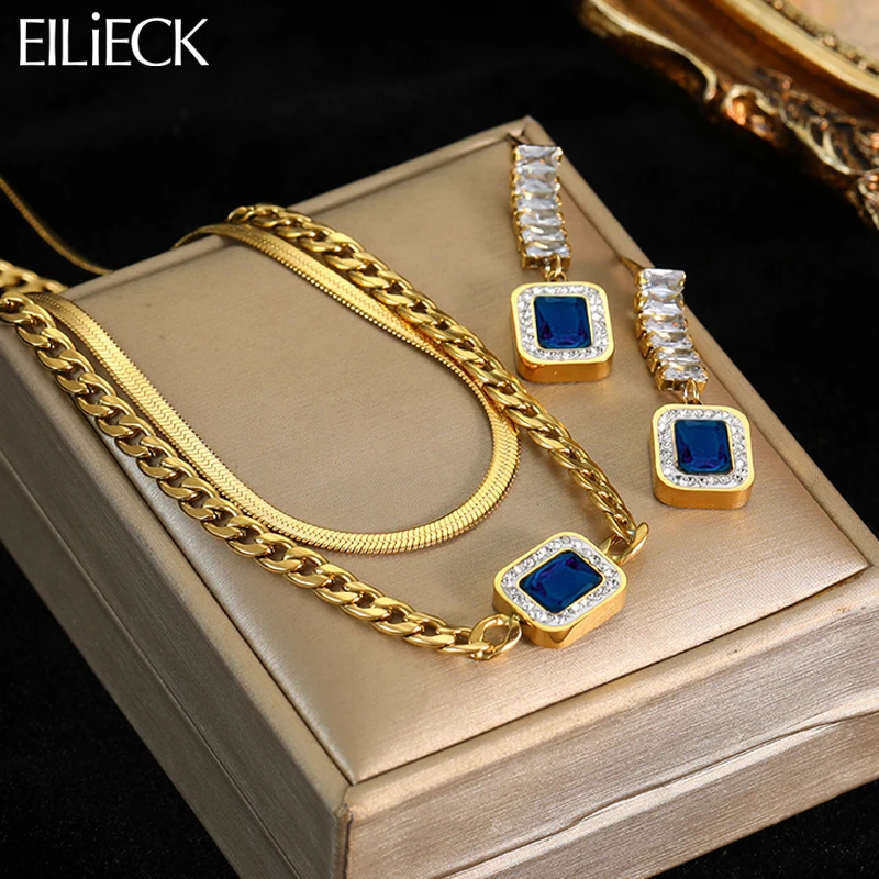 EILIECK 316L Stainless Steel Blue Zircon Gold Color Snake Chain Necklace Earrings For Women Luxury Designer Wedding Jewelry Sets