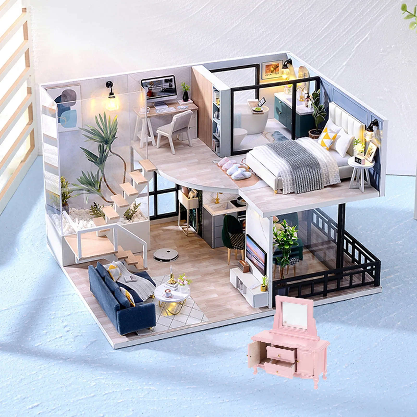 

Mini Wooden Dresser with Mirror Lightweight Delicate Workmanship for Miniature House Bedroom Furniture Ornament