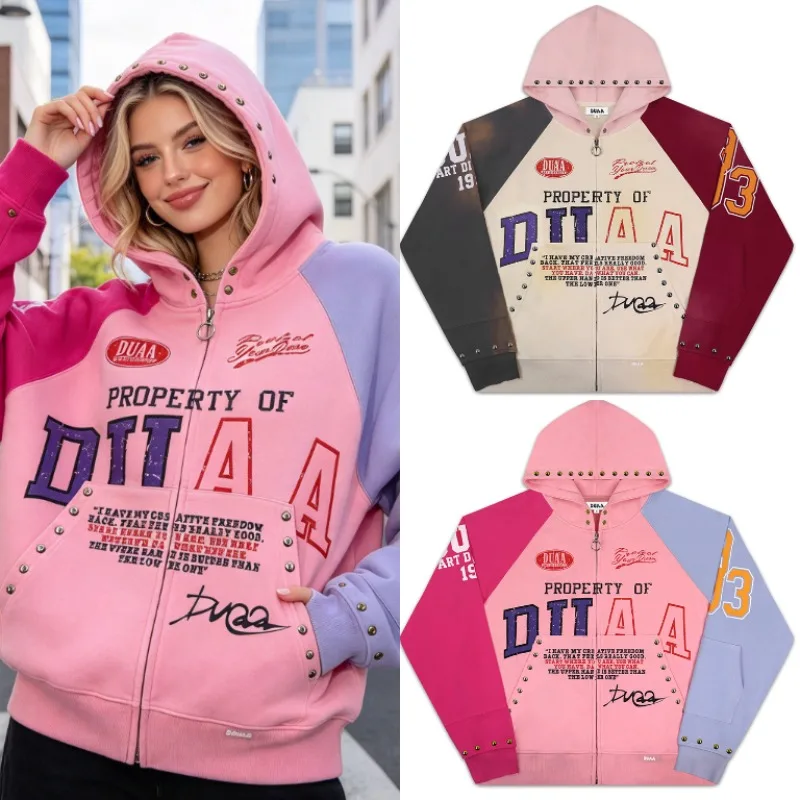 2026 Fall Winter New DUAA Color Block Rivet Zip Up Hoodie Men Splicing Letter Print Street Jacket