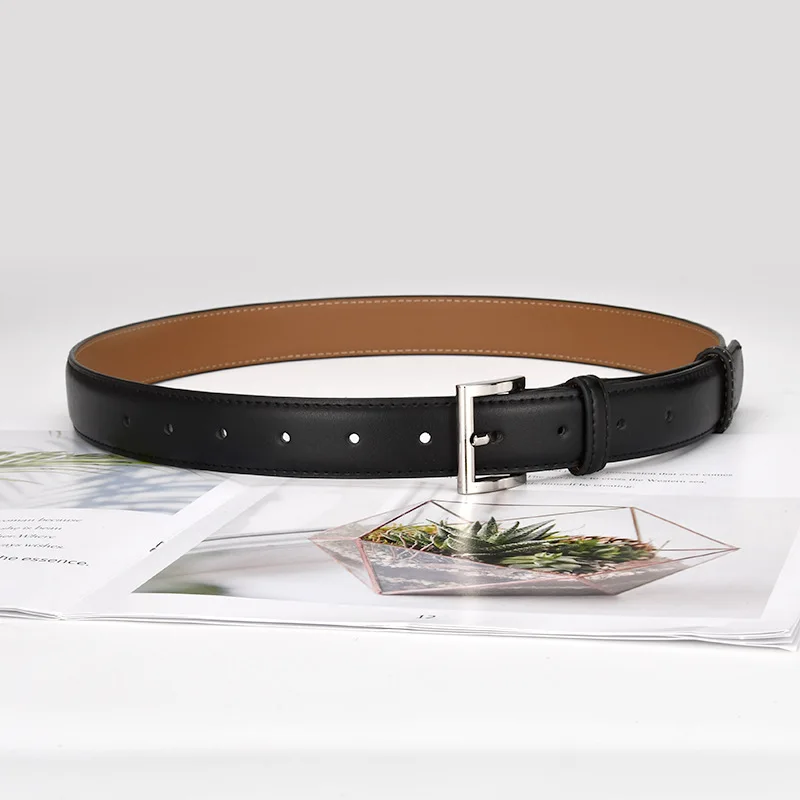 Genuine leather belt for women, jeans belt, versatile decorative thin belt, simple and fashionable with coat, black trouser belt
