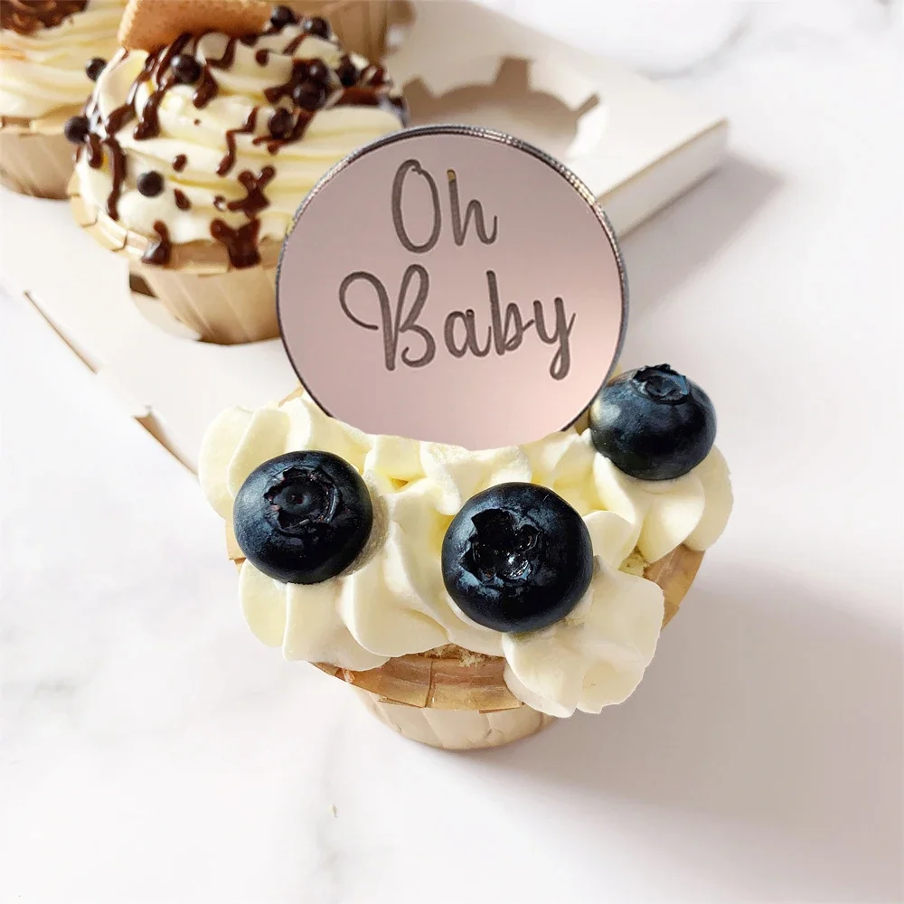 Decoraciones para tartas de fiesta de Baby Shower, espejo acrílico, adorno para tarta de cumpleaños para niños, accesorios para hornear, bricolaje, Oh Baby Cakecup, 10 Uds.