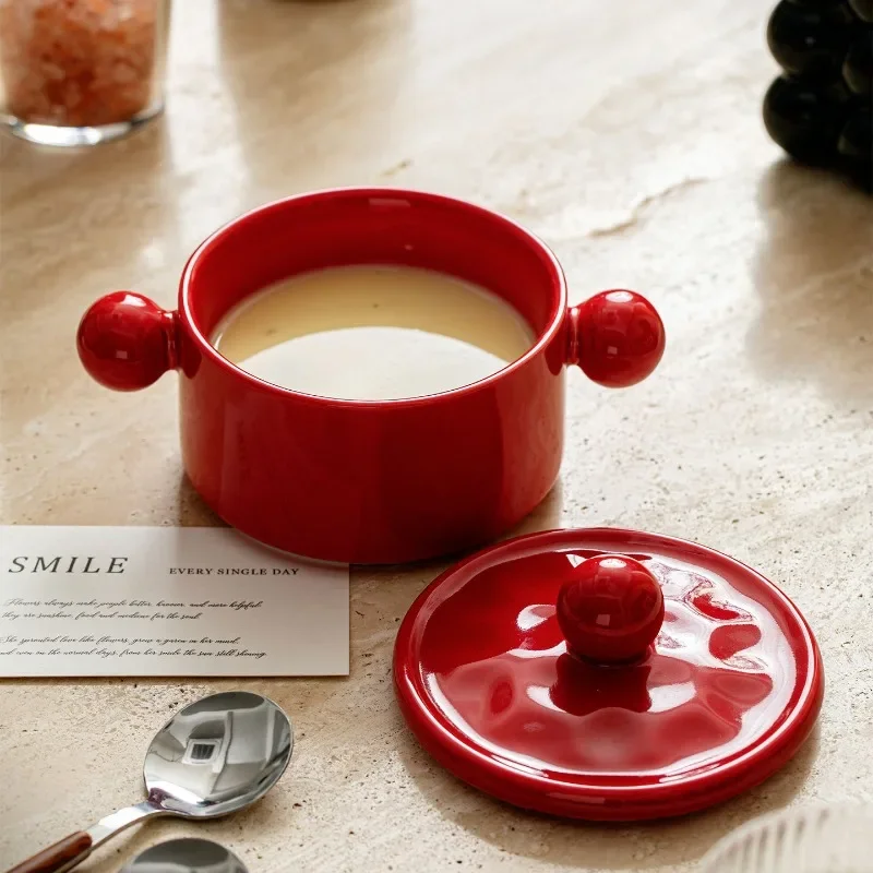 Aesthetic Double Ear Ceramic Bowl, Heatproof Steaming & Serving Dish for Pudding Fruit, Multi-Use Home Kitchen Hotelware Use