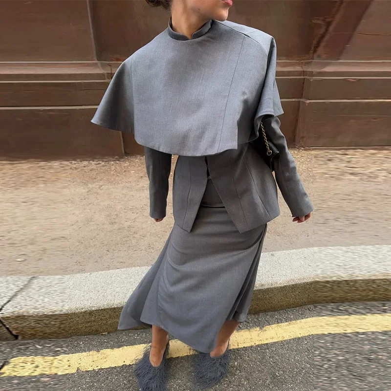 Schalkragen Elegantes Outfit Cape Damenanzug Asymmetrischer Meerjungfrauen-Dreiteiler Langer Rock Büro Damen Graue Anzüge 2026 Herbst – Detail 6
