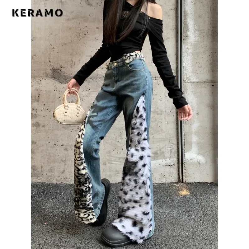 Street Y2K Slim Fit High Waisted Leopard Patchwork Jeans 2025 Winter Sheath Club Pants Women's Vintage Hotsweet Denim Trouser