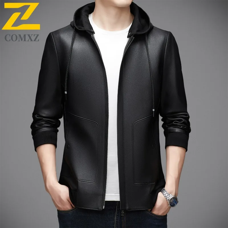 Herbst Neue Lederjacke Männer 2025, Mode, Klassisch, Dünn, Weich, Abnehmbare Kapuze, Ledermantel, Business Casual, Leichte Oberbekleidung