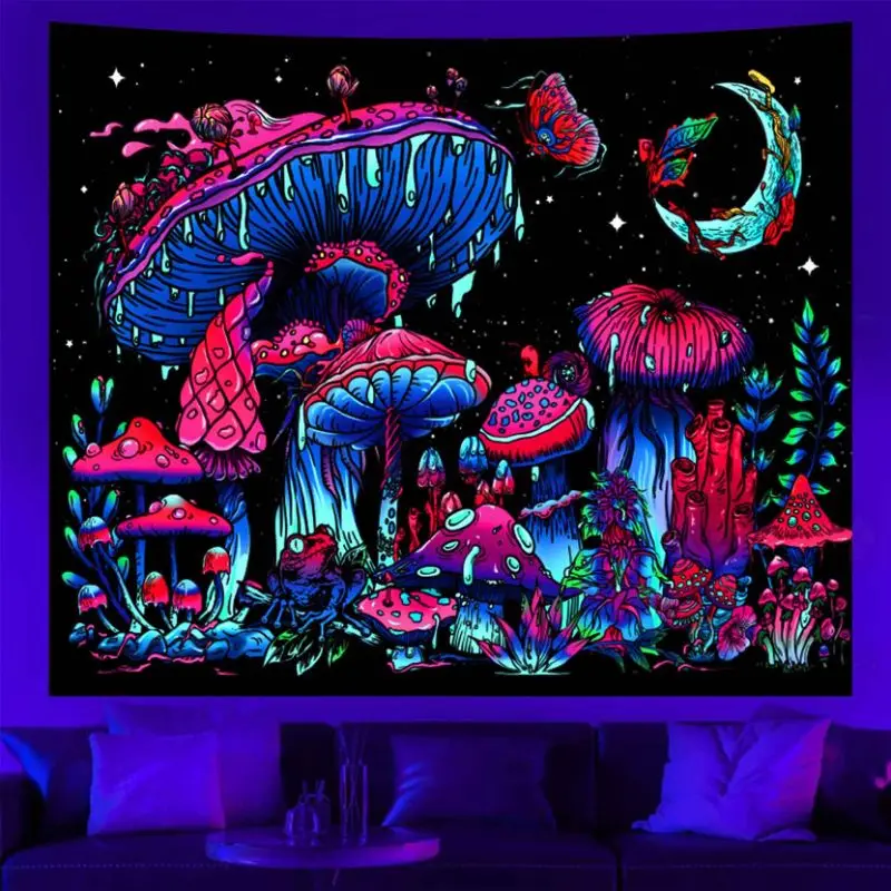 VIKAMA Blacklight Mushroom Tapestry Psychedelic Trippy Moon Butterfly UV Glow Aesthetic For Bedroom Dorm Rave Party Wall Decor
