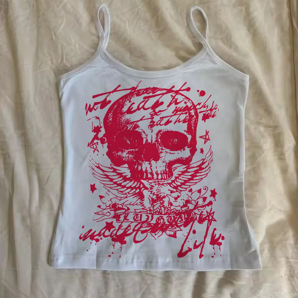 Y2K Grunge Punk Red Skull Wing Graphic Thin Strap Camisole Women Slim Sleeveless Crop Tank Vintage Street Daily Club Party Vest