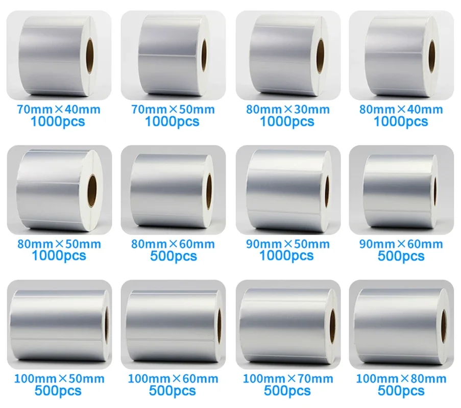 Matte Silver PET Barcode Label 100 90 80 70 60 40 50 30 20 Ribbon Transfer Printer Sticker