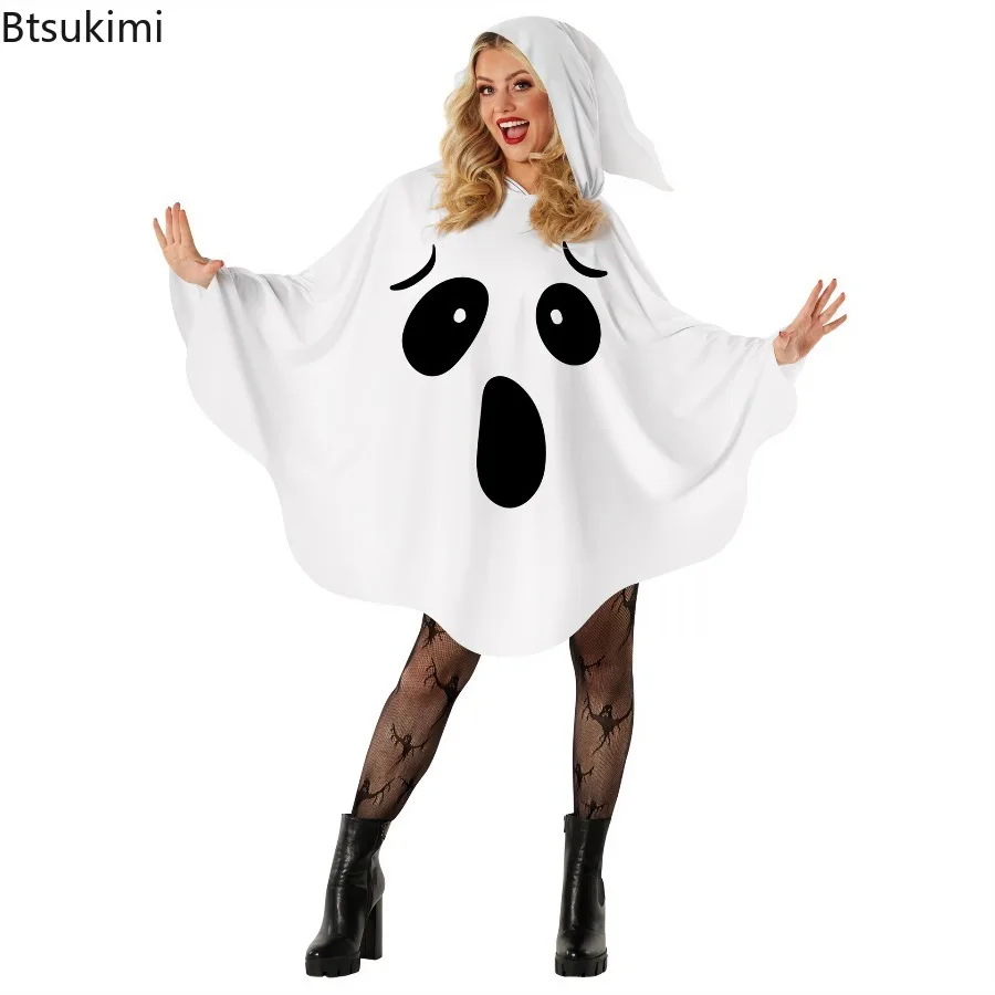 New Women's White Halloween Cloak Cape Fright Clothes Black Eye Pumpkin with Hat Full Suit Ghost Cosplay Party Carnival Costume