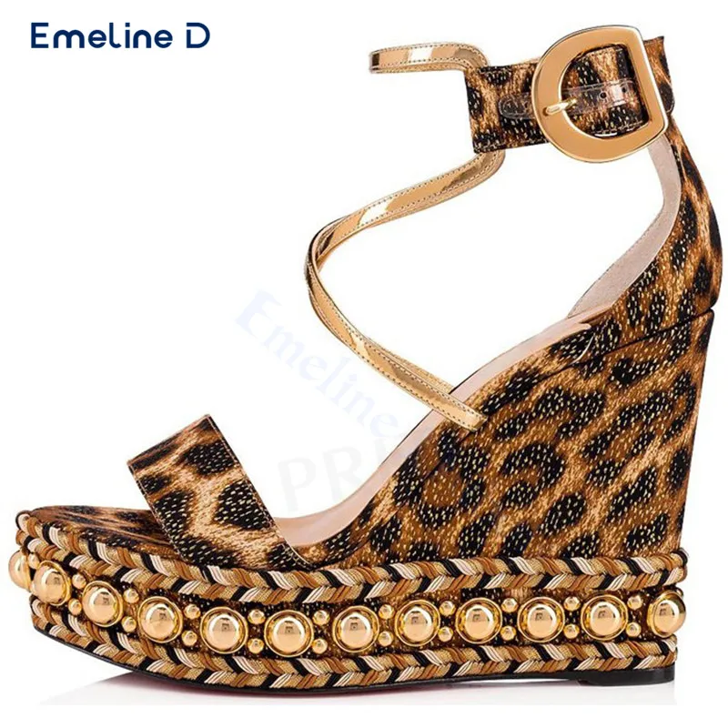 

Leopard Print One-Strap Wedge Sandals Metal Round Beads Espadrille High-Heeled Sandals Fashionable and Elegant Women's Shoes