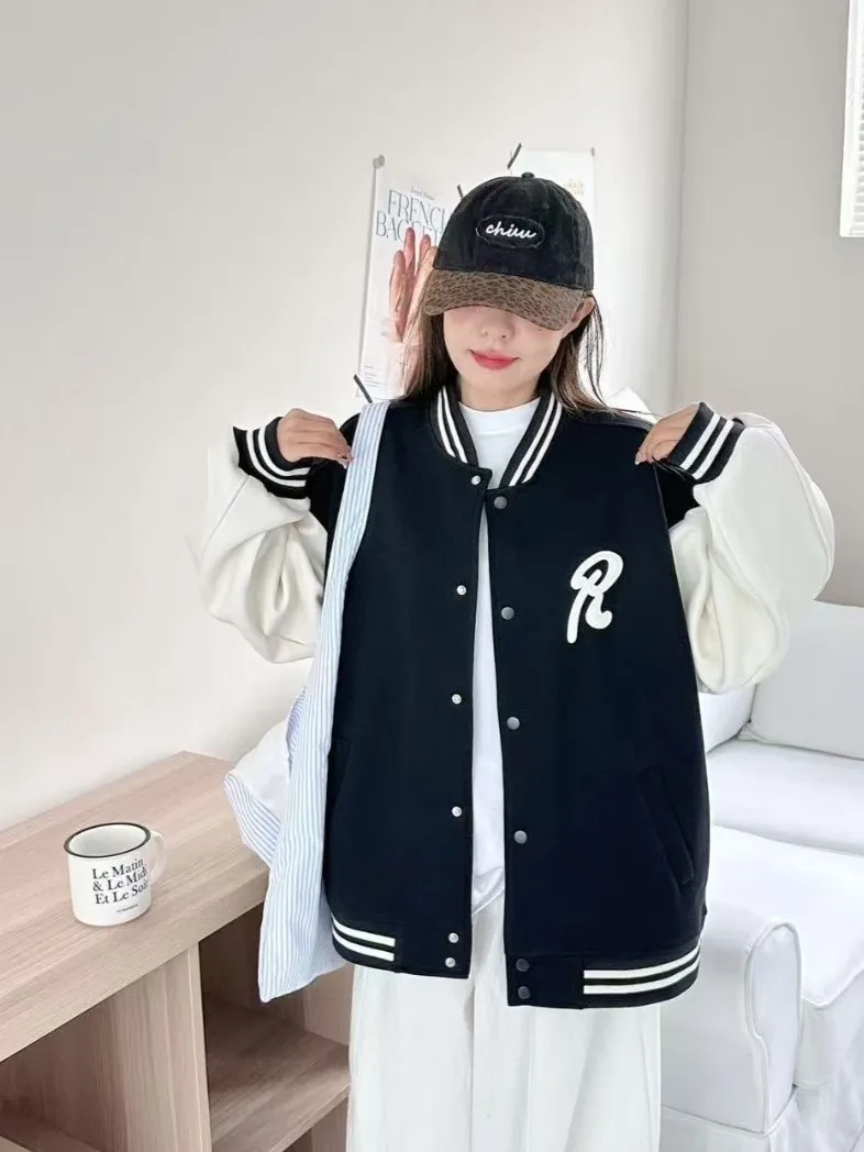

Baseball Jackets Pink Womens Spring Wool Dual-Purpose Turn-Down Bomber Rhinestone Illusion Two-Pieces Teens Gorpcore Placket Y2K