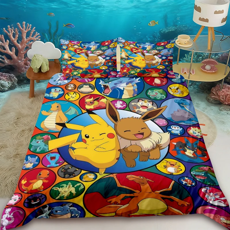 

Pikachu Cartoon Duvet Cover Set Cartoon Bedding Set Anime with 2 Pillocase Quilt Cover Bedroom Decor Children Teens
