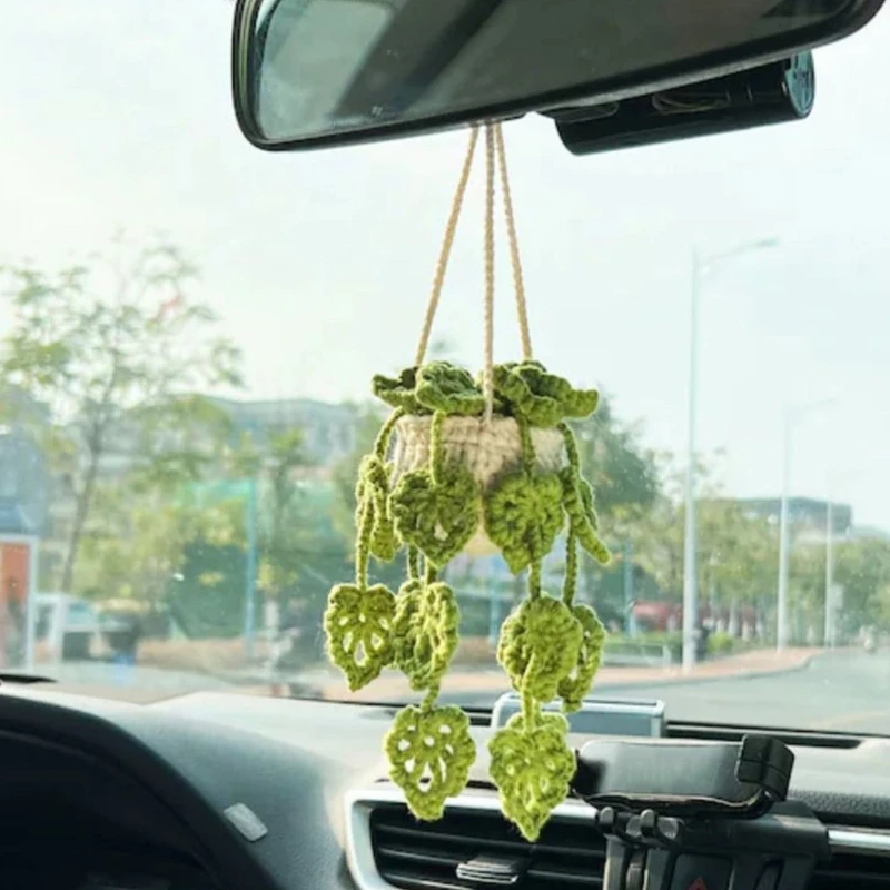 Hand Knitted Potted Plants Crocheted Car Decor-Car Hanging Ornament Women Men Interior Rear View Mirrors Dropship