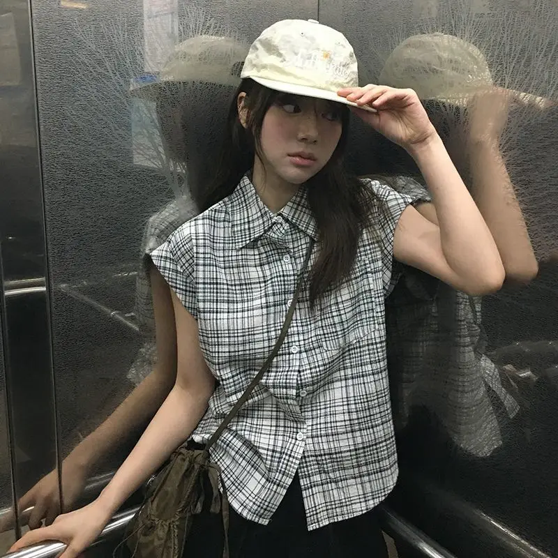 

Onalippa 2025 New Retro Plaid Girl College Style Casual Shirt Basic Slimming Pocket Flap Short Sleeved Shirt Summer Top Women