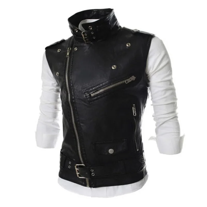 2023 Men\'s Lapel Leather Vest Korean Version Slim Fit PU Leather Sleeveless Coat Multi Pull Chain Leather Vest