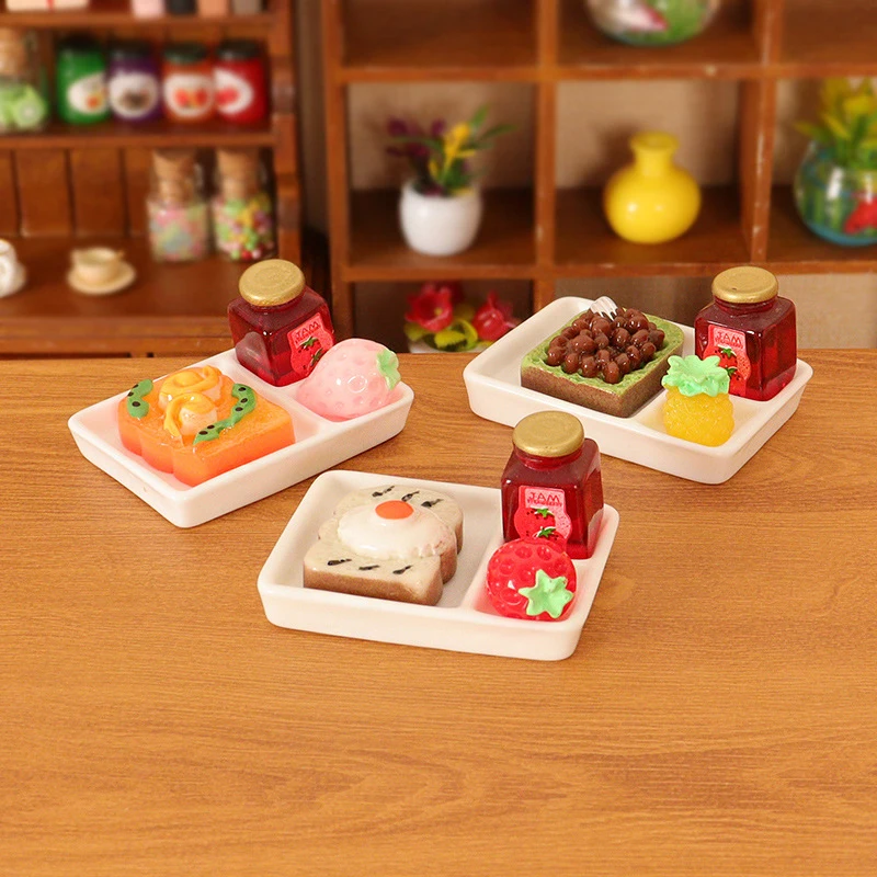 4Pcs 1:12 Dollhouse Miniature Bread Fruit Plate Jam Set Mini Food Tray Tableware Banana Apple Pineapple Model Kitchen Decor Toys