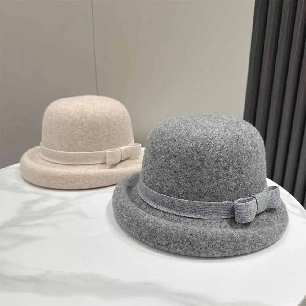 Autumn Winter Hat Classic Felt Cloche Hat for Women Vintage Soft Fedora Bucket Hat Short Brim Bowler Cap with Bow Fall Winter