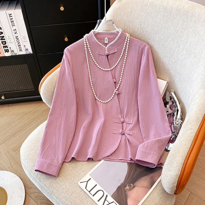 

Cotton Blouses Women Long Sleeve Loose Shirts Office Lady Casual Wear Tops Chinese Style Vintage Buckle Tops