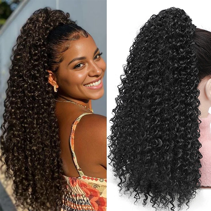 Extensiones de cola de caballo rizadas Afro para mujer, cabello sintético largo y rizado, resistente al calor, 20 pulgadas