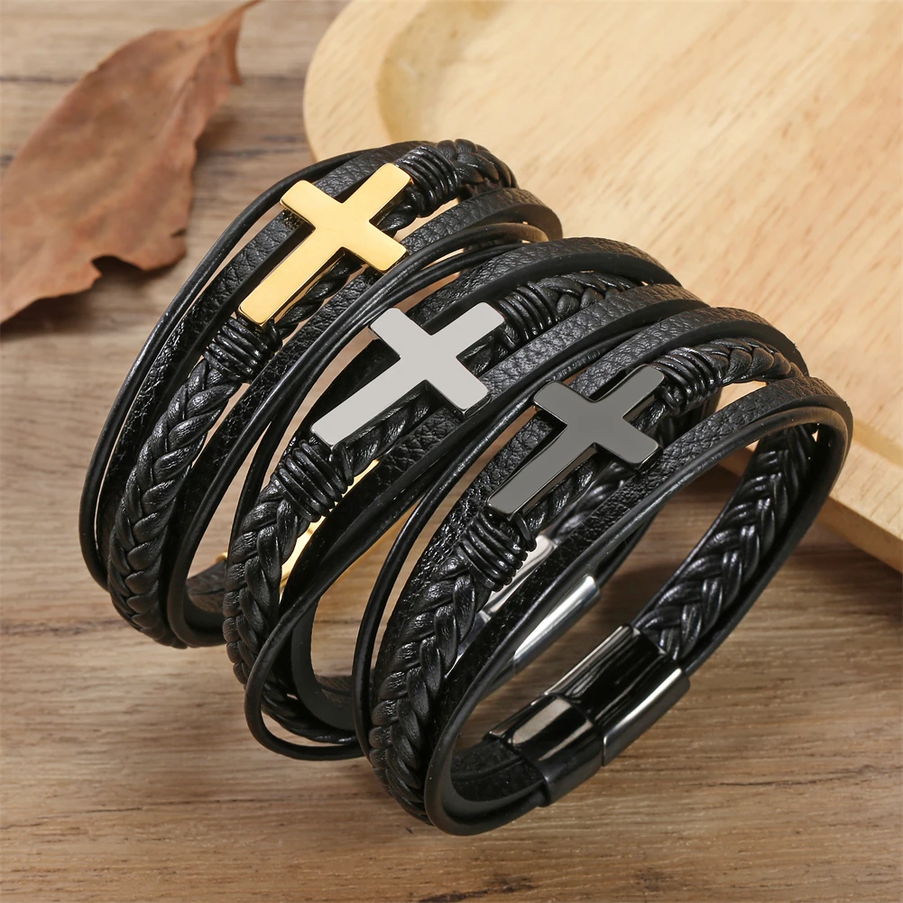 سوار مسيحي متقاطع للرجال - أساور جلدية دينية من الفولاذ المقاوم للصدأ للرجال - مجوهرات بانك متعددة الطبقات