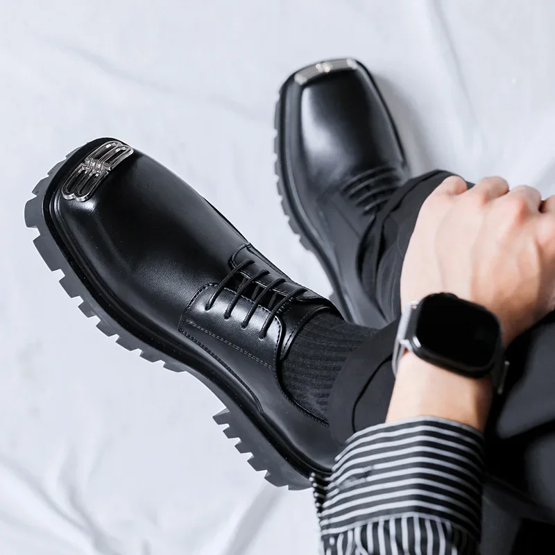 أحذية جلدية كاجوال للرجال برأس كبير عصري على الطراز الكوري أحذية ديربي سميكة القاع للركاب أحذية للكبار نعل مطاطي #5