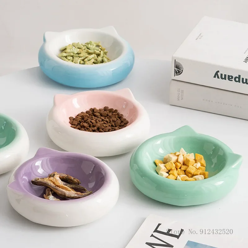 Creative Ceramic Flat Bottomed Cat Ear Shape Food Bowl Dining Plate Anti Overturning Pet Supplies Drinking Bowl 1Pc