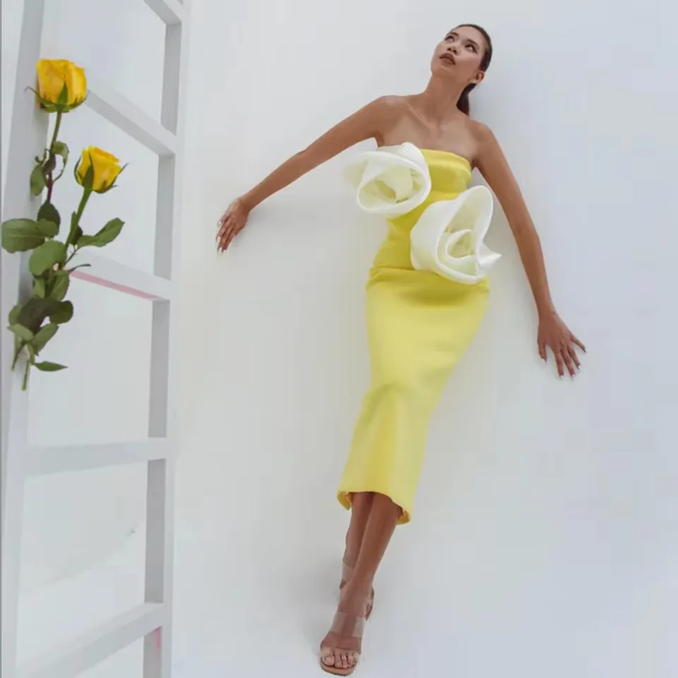 

Couture Yellow With Handmade Rose Flower Details Stretchy Female Maxi Dress Sheath Midi Calf Women Party Dresses