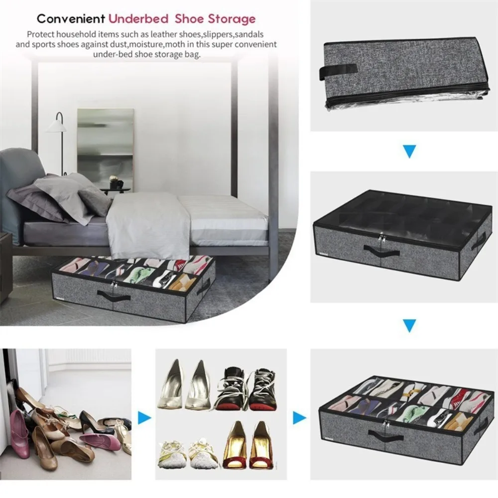 Under Bed Shoe Storage Box Organizer Foldable Non Woven Fabric Clear Window Dustproof Closet Wardrobe Containers 12 Compartments